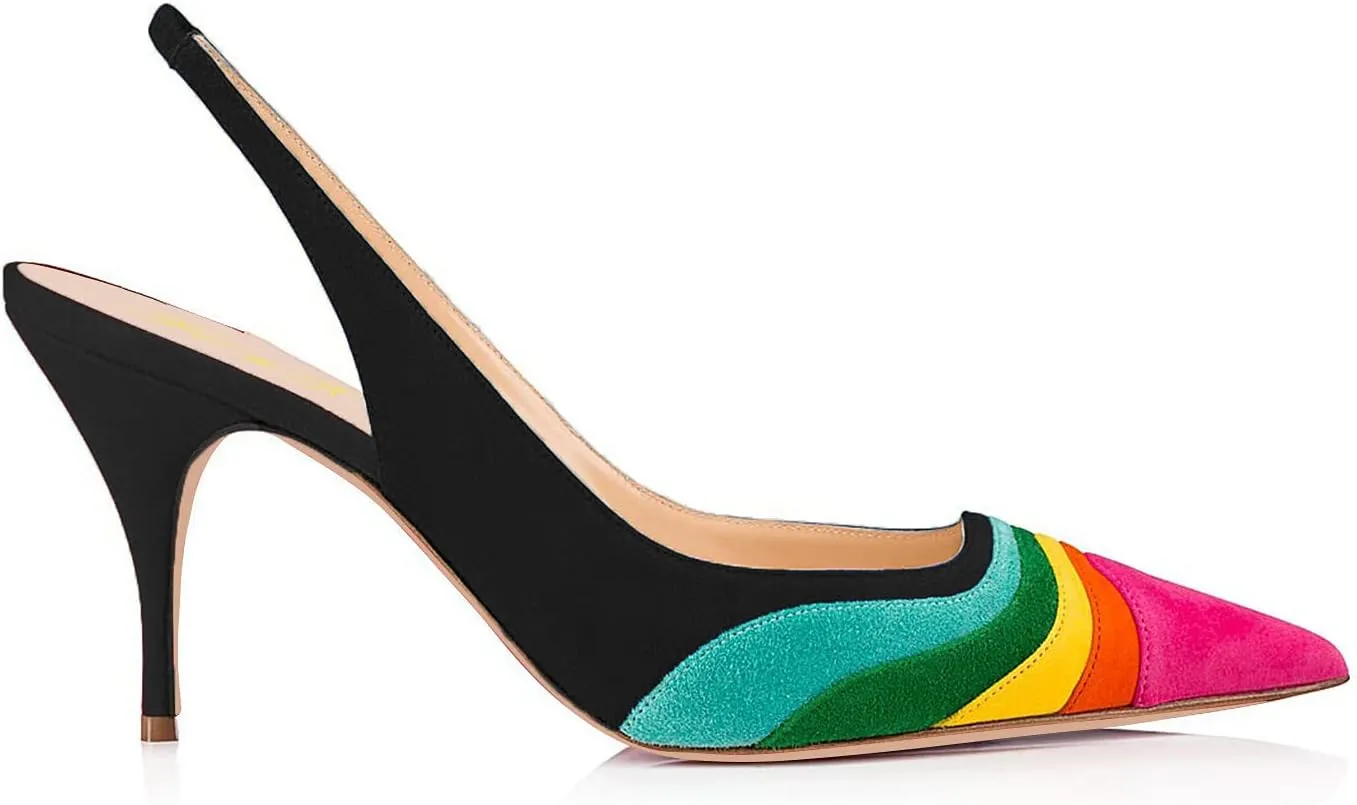 FOWT Women Pointed Toe Kitten Heeled Slingback Pumps Rainbow Color Stripes Elastic Band Mules Ladies Multicolored Slip on High Heel Sandals for Dress Date Prom 4-16