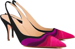 FOWT Women Pointed Toe Kitten Heeled Slingback Pumps Rainbow Color Stripes Elastic Band Mules Ladies Multicolored Slip on High Heel Sandals for Dress Date Prom 4-16
