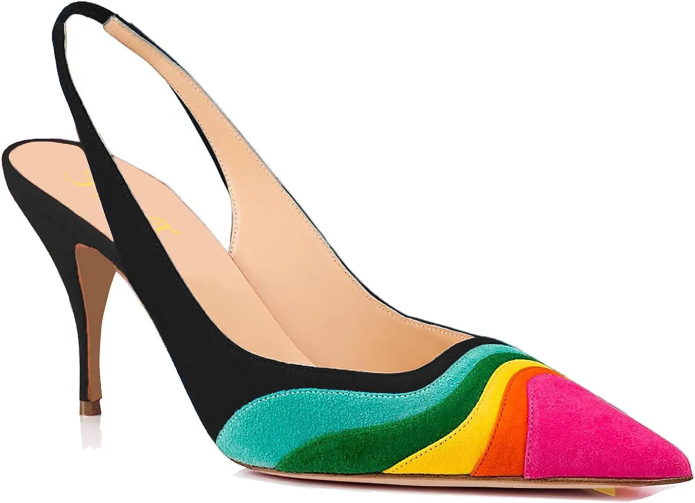 FOWT Women Pointed Toe Kitten Heeled Slingback Pumps Rainbow Color Stripes Elastic Band Mules Ladies Multicolored Slip on High Heel Sandals for Dress Date Prom 4-16