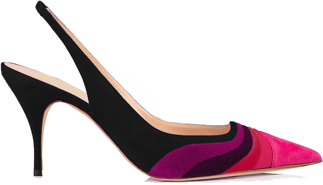 FOWT Women Pointed Toe Kitten Heeled Slingback Pumps Rainbow Color Stripes Elastic Band Mules Ladies Multicolored Slip on High Heel Sandals for Dress Date Prom 4-16