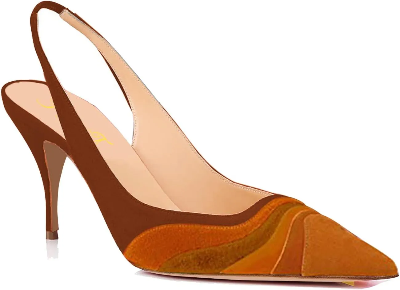 FOWT Women Pointed Toe Kitten Heeled Slingback Pumps Rainbow Color Stripes Elastic Band Mules Ladies Multicolored Slip on High Heel Sandals for Dress Date Prom 4-16
