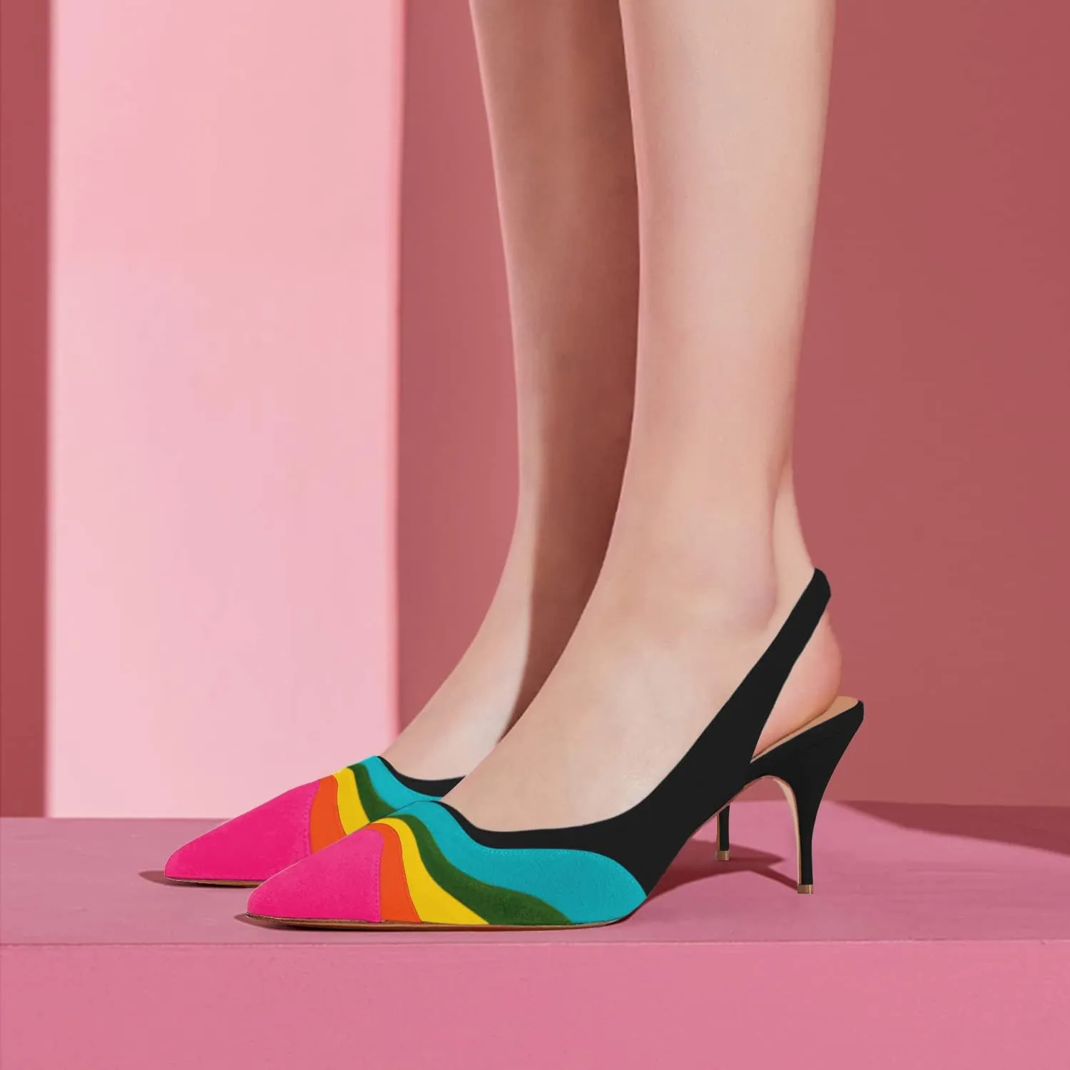 FOWT Women Pointed Toe Kitten Heeled Slingback Pumps Rainbow Color Stripes Elastic Band Mules Ladies Multicolored Slip on High Heel Sandals for Dress Date Prom 4-16