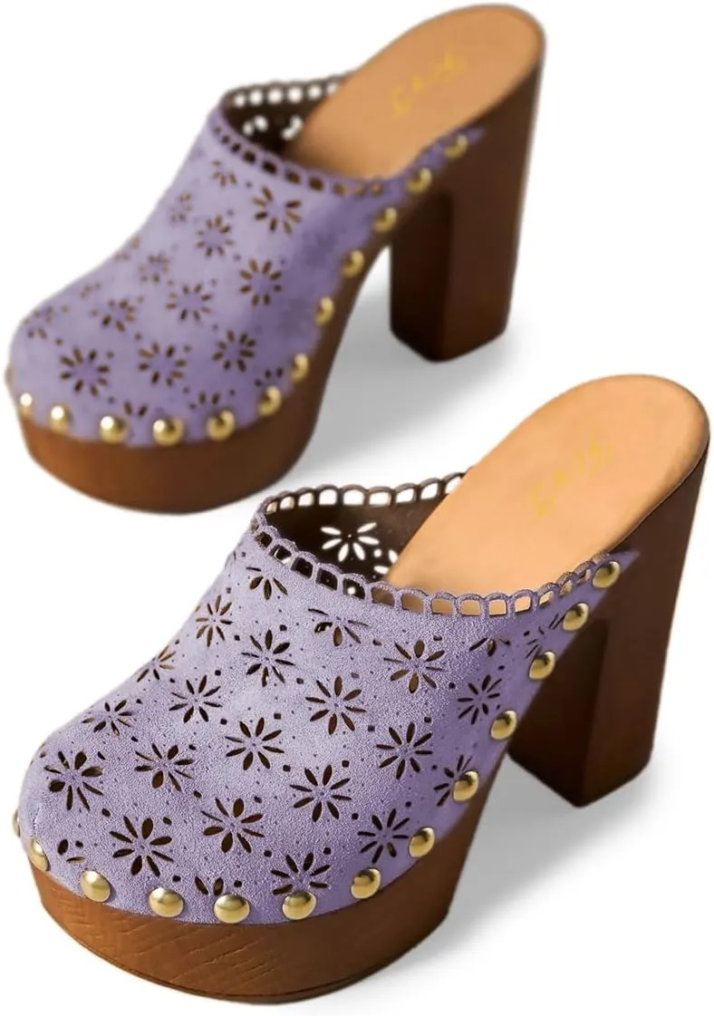 FOWT Women Studded Closed Round Toe Floral Cut Out Backless Platform Mules Chunky Super High Heel Slip on Stylish Dress Club Slide Sandals Size 4-16 US