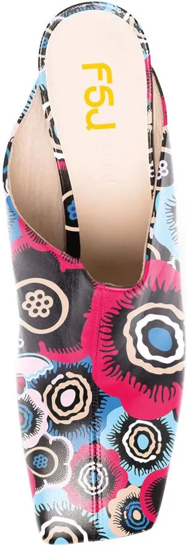 FSJ Women Closed Squared Toe Mules Slip On Chunky Mid High Heels Backless Sandals Summer Casual Nightclub Shoes Size 4-15 US