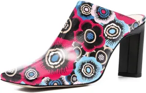 FSJ Women Closed Squared Toe Mules Slip On Chunky Mid High Heels Backless Sandals Summer Casual Nightclub Shoes Size 4-15 US