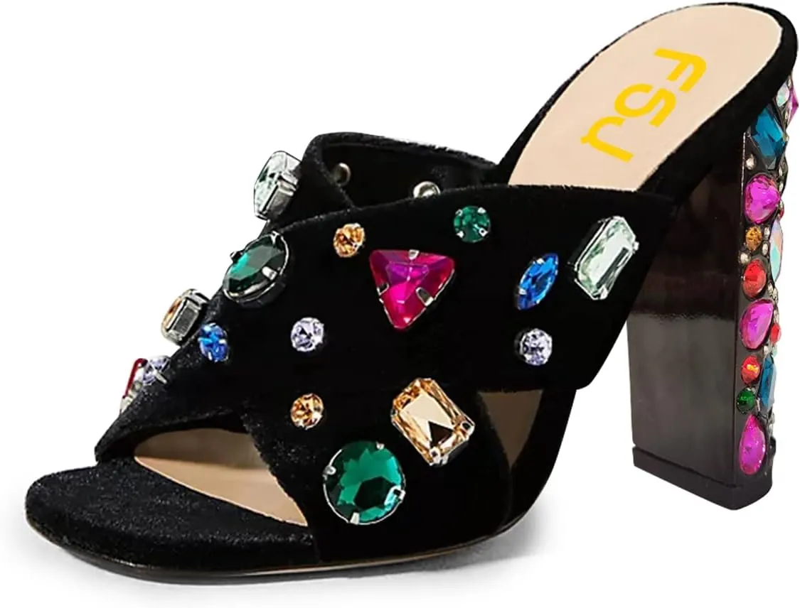 FSJ Women Gem Chunky Block Heel Open Toe Mules Sandals Velvet Jewel Cross Band Slip On Slides Wedding Dress Shoes Size 4-15 US