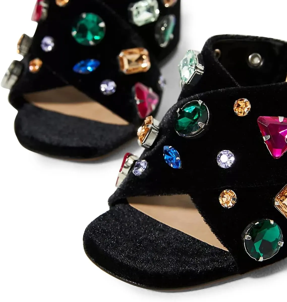 FSJ Women Gem Chunky Block Heel Open Toe Mules Sandals Velvet Jewel Cross Band Slip On Slides Wedding Dress Shoes Size 4-15 US