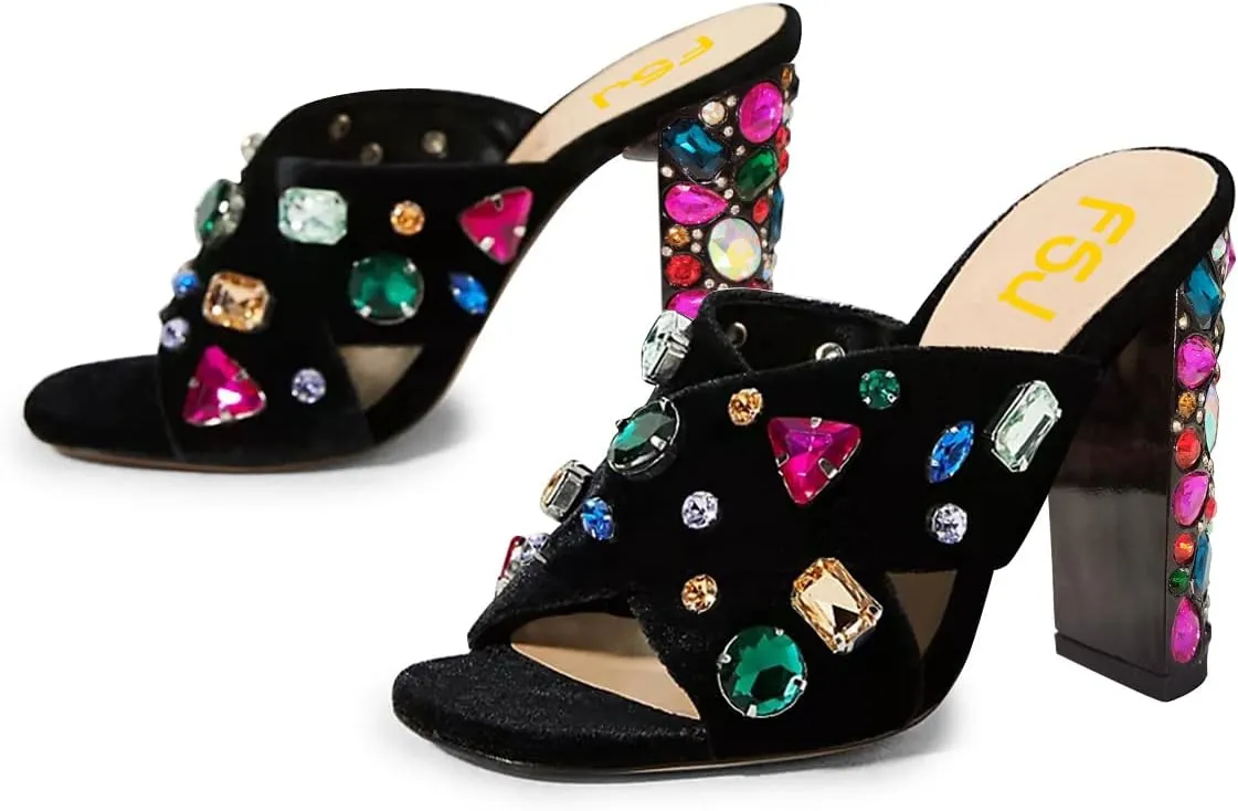 FSJ Women Gem Chunky Block Heel Open Toe Mules Sandals Velvet Jewel Cross Band Slip On Slides Wedding Dress Shoes Size 4-15 US