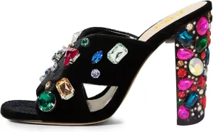 FSJ Women Gem Chunky Block Heel Open Toe Mules Sandals Velvet Jewel Cross Band Slip On Slides Wedding Dress Shoes Size 4-15 US