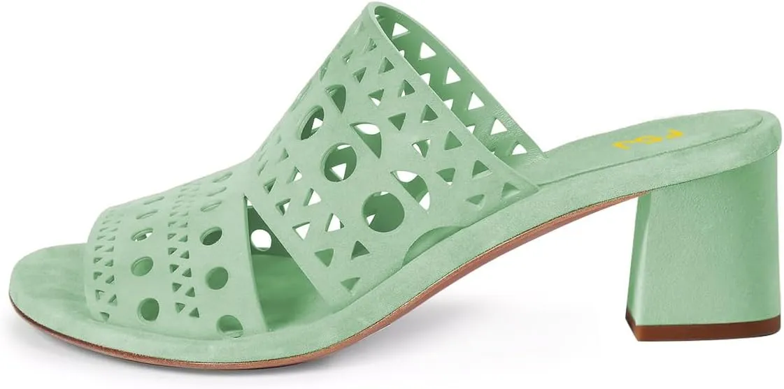 FSJ Women Open Toe Cutout Mules Slip On Backless Low Block Heel Hollow Out Perforated Sandals Holiday Shopping Shoes Size 4-16 US