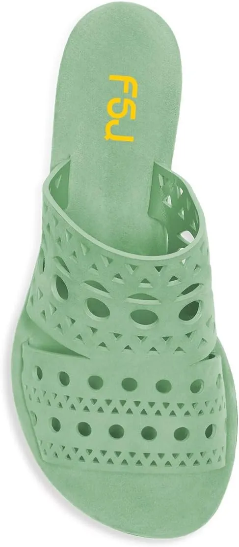 FSJ Women Open Toe Cutout Mules Slip On Backless Low Block Heel Hollow Out Perforated Sandals Holiday Shopping Shoes Size 4-16 US