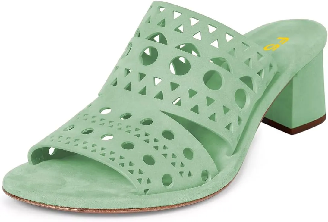 FSJ Women Open Toe Cutout Mules Slip On Backless Low Block Heel Hollow Out Perforated Sandals Holiday Shopping Shoes Size 4-16 US