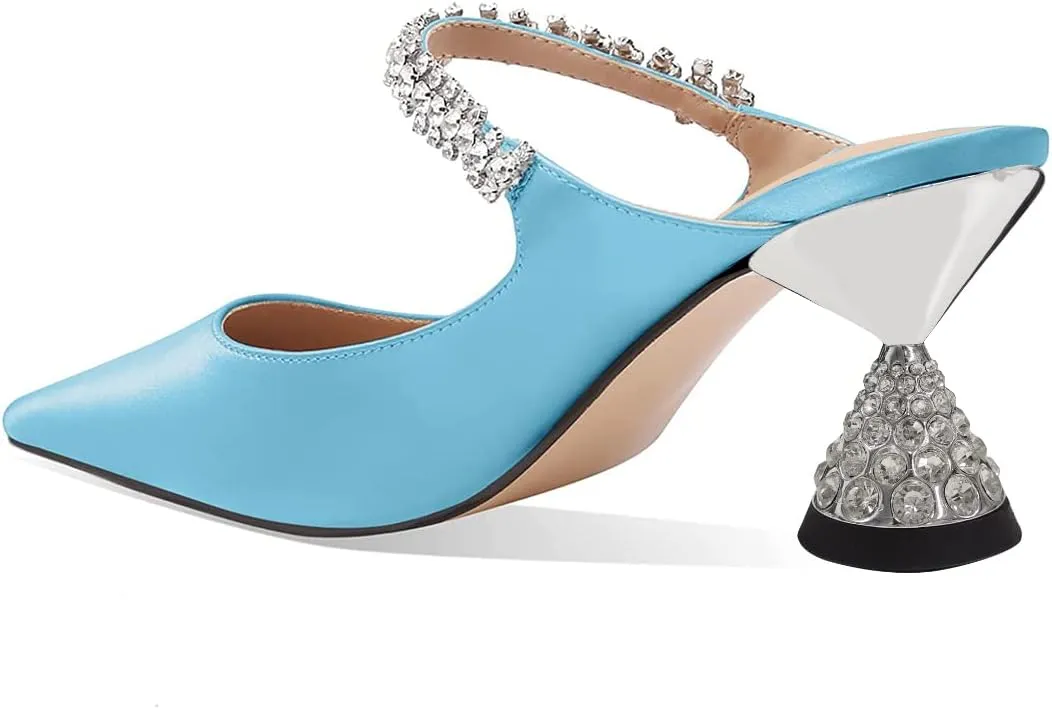 FSJ Women Rhinestone Cone Low Heel Mules Closed Pointed Toe One Strap Sandals Slip On Backless Bridal Summer Shoes Size 4-15 US