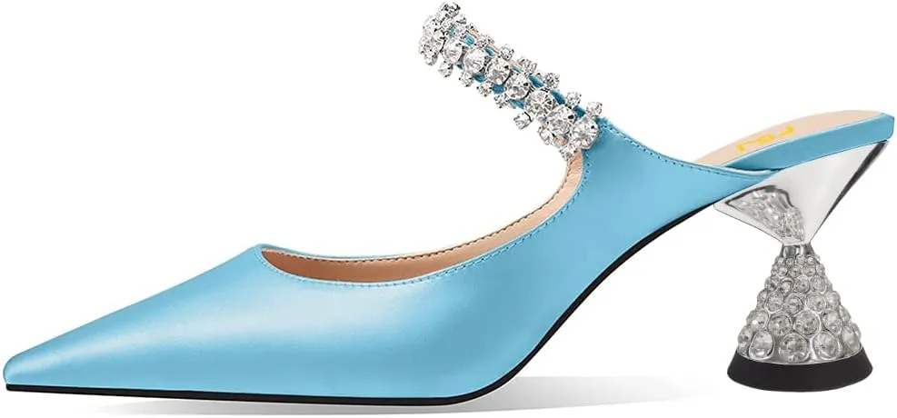 FSJ Women Rhinestone Cone Low Heel Mules Closed Pointed Toe One Strap Sandals Slip On Backless Bridal Summer Shoes Size 4-15 US