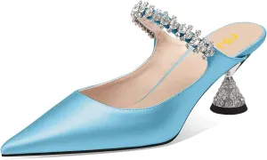 FSJ Women Rhinestone Cone Low Heel Mules Closed Pointed Toe One Strap Sandals Slip On Backless Bridal Summer Shoes Size 4-15 US
