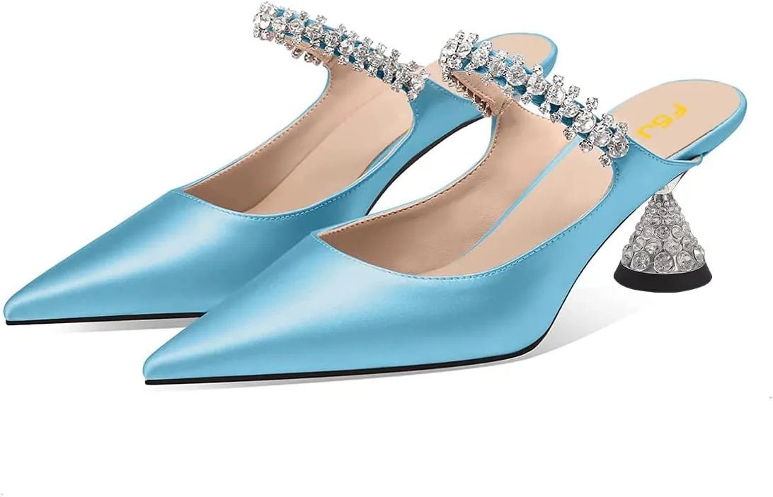 FSJ Women Rhinestone Cone Low Heel Mules Closed Pointed Toe One Strap Sandals Slip On Backless Bridal Summer Shoes Size 4-15 US
