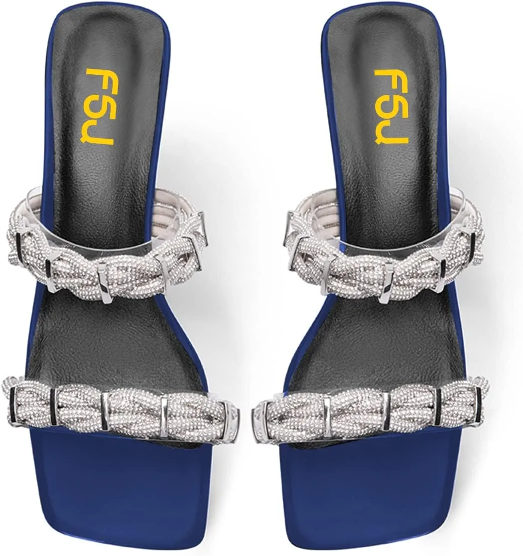 FSJ Women Summer Heeled Sandals Two Straps Mules Low Mid Heels Clear PVC Pearls Open Toe Slip On Casual Dress Shoes Size 4-15 US