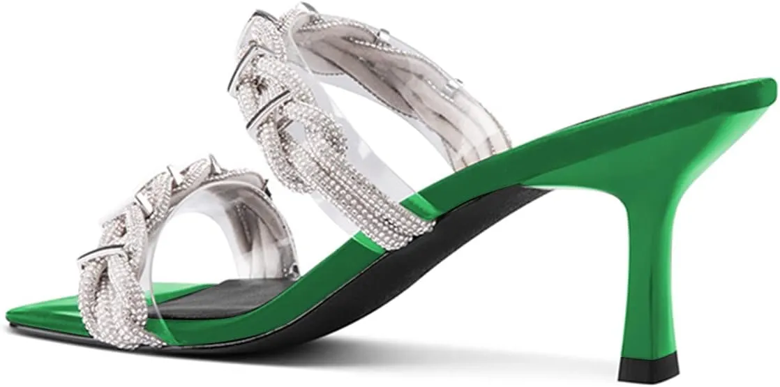 FSJ Women Summer Heeled Sandals Two Straps Mules Low Mid Heels Clear PVC Pearls Open Toe Slip On Casual Dress Shoes Size 4-15 US