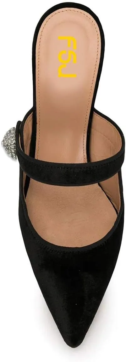 FSJ Women Vintage Slip on Pumps Mules Slide Slipper Velvet Pointed Toe High Heel Single Ankle Strap Backless Sandals Ladies Dress Shoes with Studded Rhinestones Button Size 4-15 US