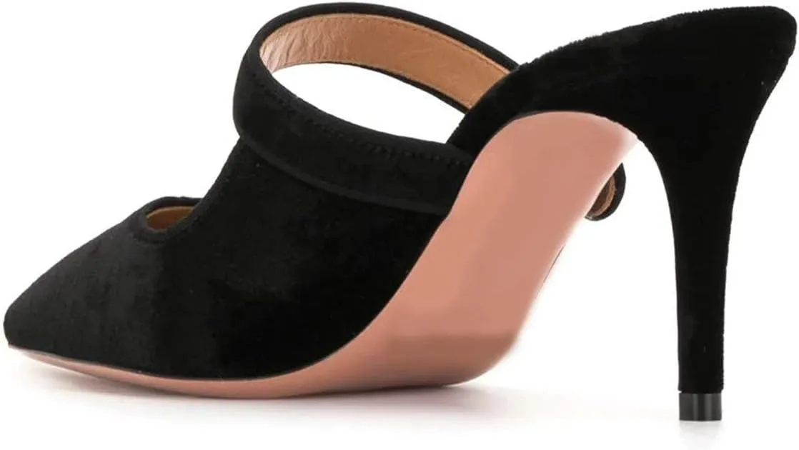FSJ Women Vintage Slip on Pumps Mules Slide Slipper Velvet Pointed Toe High Heel Single Ankle Strap Backless Sandals Ladies Dress Shoes with Studded Rhinestones Button Size 4-15 US