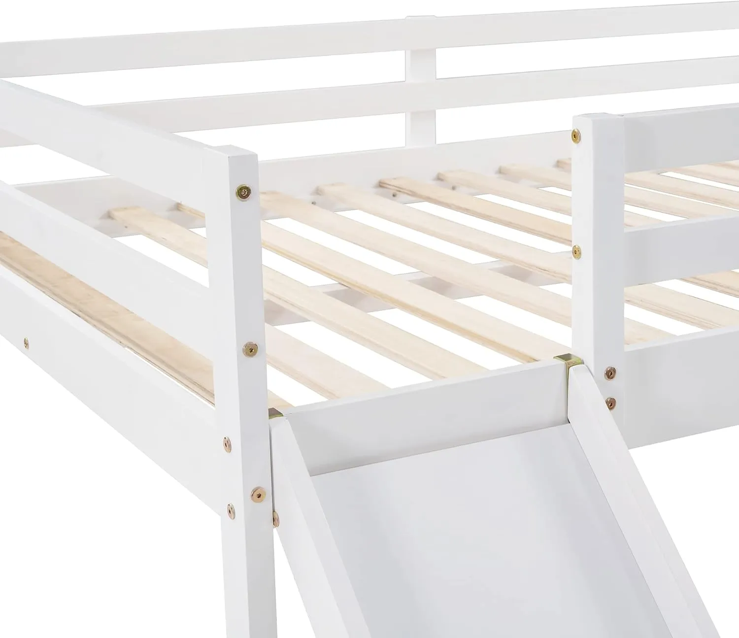 Full Size Loft Bed with Slide, Low Loft Bed with Ladder & Safety Rail, Wooden Full Loft Bed Frame for Kids Teens Girls & Boys, No Box Spring Needed, Easy Assemble (Full, White)