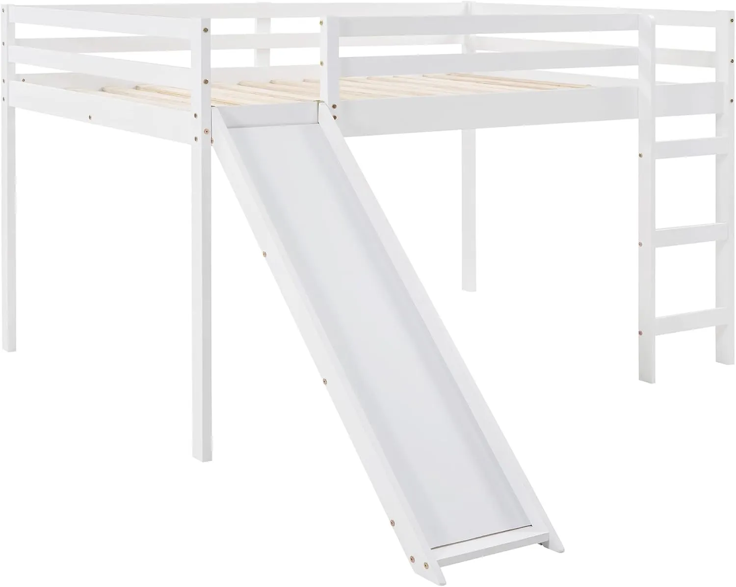 Full Size Loft Bed with Slide, Low Loft Bed with Ladder & Safety Rail, Wooden Full Loft Bed Frame for Kids Teens Girls & Boys, No Box Spring Needed, Easy Assemble (Full, White)