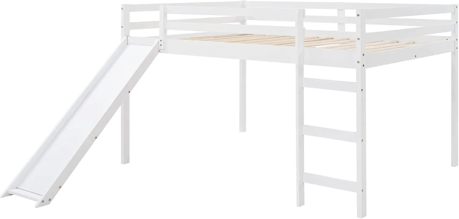 Full Size Loft Bed with Slide, Low Loft Bed with Ladder & Safety Rail, Wooden Full Loft Bed Frame for Kids Teens Girls & Boys, No Box Spring Needed, Easy Assemble (Full, White)