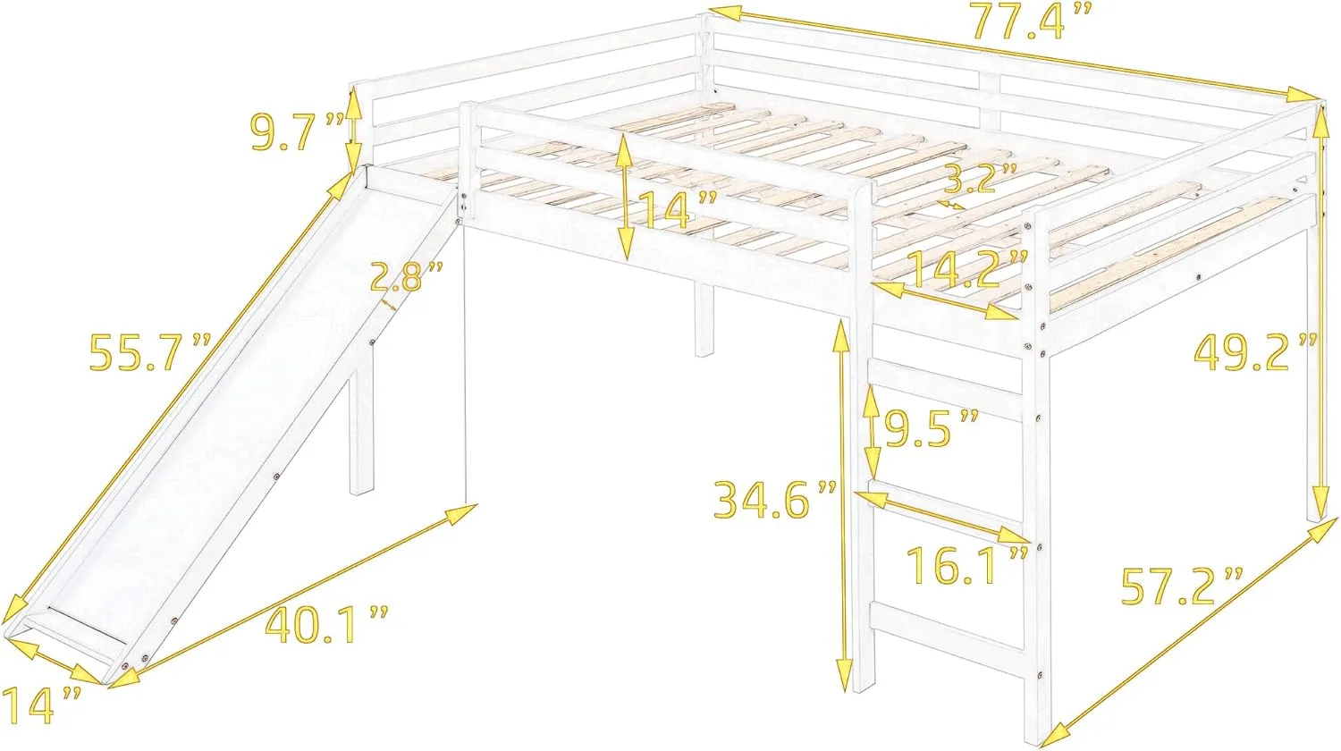 Full Size Loft Bed with Slide, Low Loft Bed with Ladder & Safety Rail, Wooden Full Loft Bed Frame for Kids Teens Girls & Boys, No Box Spring Needed, Easy Assemble (Full, White)