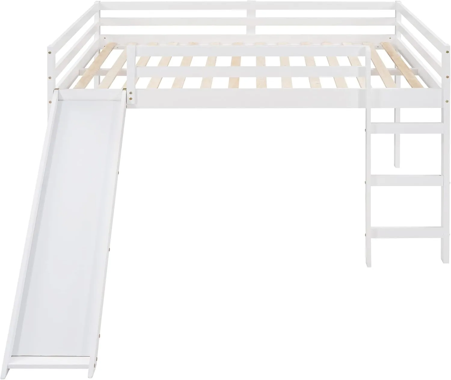 Full Size Loft Bed with Slide, Low Loft Bed with Ladder & Safety Rail, Wooden Full Loft Bed Frame for Kids Teens Girls & Boys, No Box Spring Needed, Easy Assemble (Full, White)