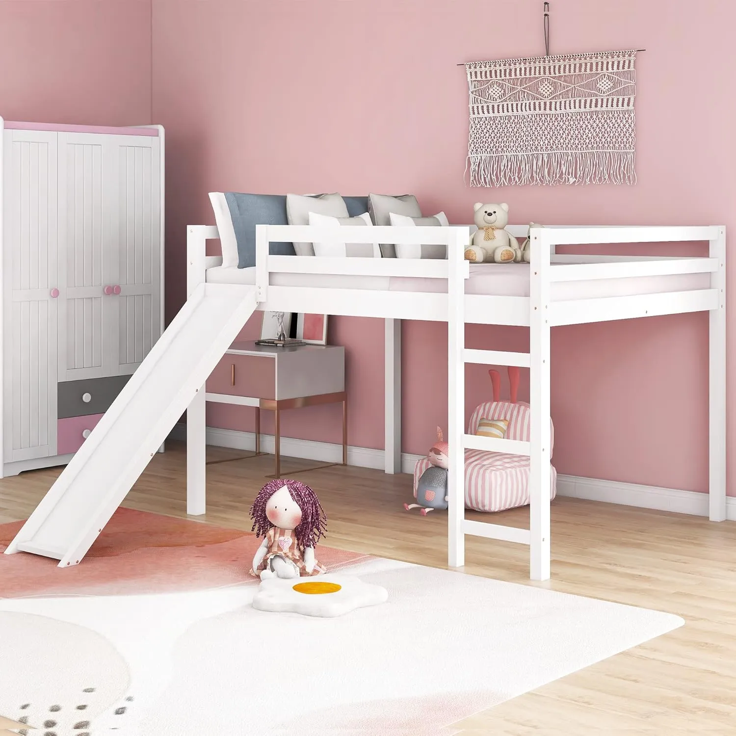 Full Size Loft Bed with Slide, Low Loft Bed with Ladder & Safety Rail, Wooden Full Loft Bed Frame for Kids Teens Girls & Boys, No Box Spring Needed, Easy Assemble (Full, White)