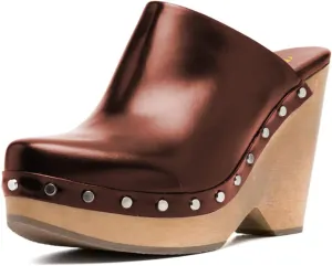 FYS Women Round Toe Slip on Mules Rivet Studded High Heel Wedges Fashion Party Dressy Shoes Size 4-16 US