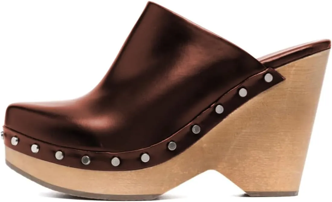 FYS Women Round Toe Slip on Mules Rivet Studded High Heel Wedges Fashion Party Dressy Shoes Size 4-16 US