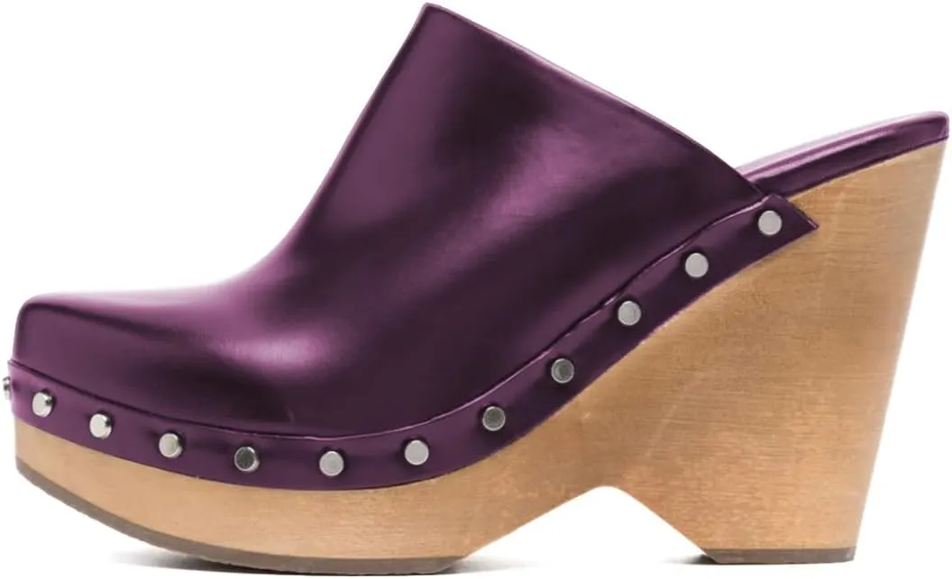 FYS Women Round Toe Slip on Mules Rivet Studded High Heel Wedges Fashion Party Dressy Shoes Size 4-16 US