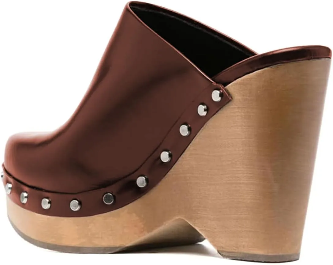 FYS Women Round Toe Slip on Mules Rivet Studded High Heel Wedges Fashion Party Dressy Shoes Size 4-16 US