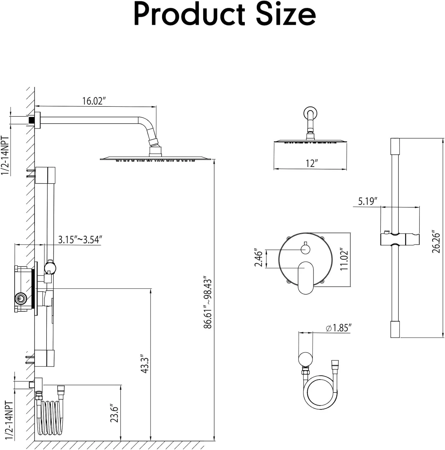 Gabrylly Shower System, High Pressure 12" Rain Shower Head with Handheld Shower, Wall Mounted Slide Bar Shower Faucet Set Complete, Shower Combo Set with Shower Valve,Brushed Nickel