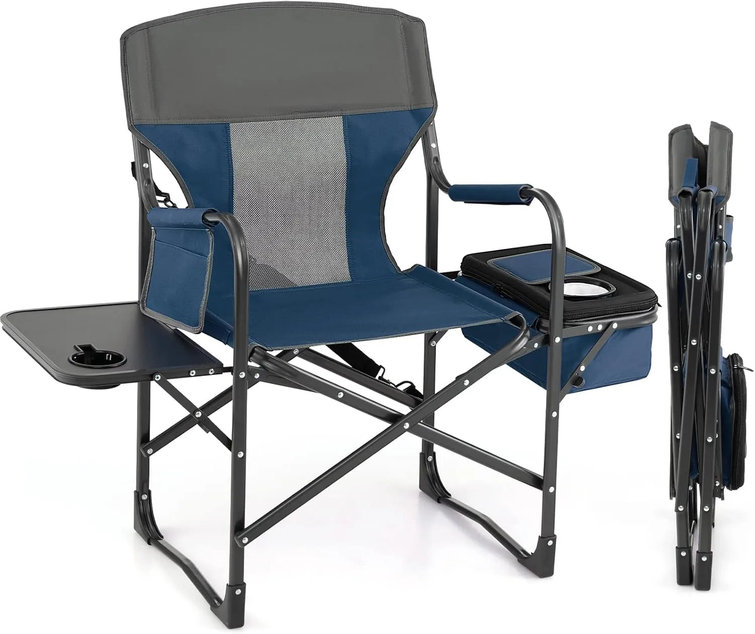 Giantex Camping Chair, Folding Directors Chair with Side Table, Storage Pocket, Cooler Bag, Shoulder Strap, Handle, Artist Chair, Makeup Chair, Support 400 Lbs Lawn Chair for Fishing Picnic, Blue