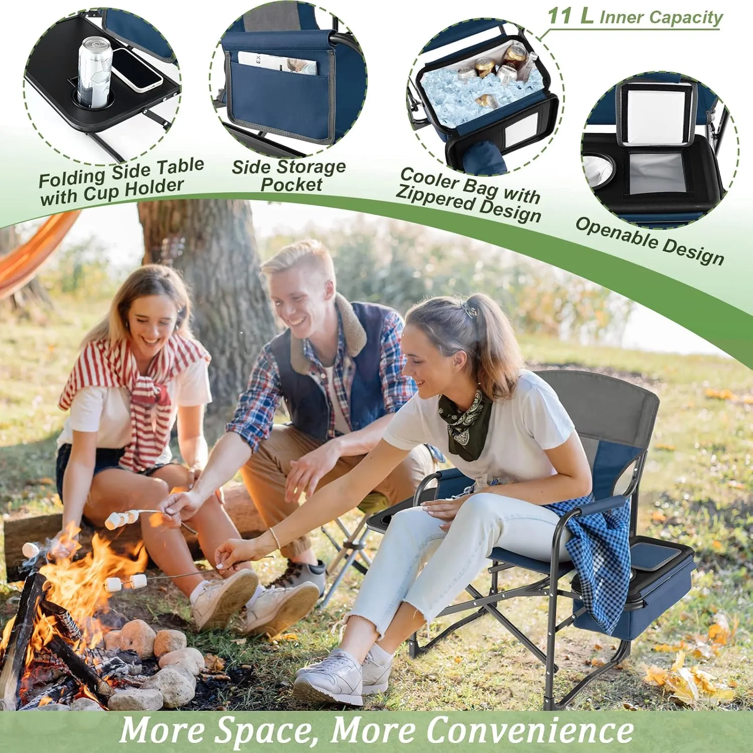 Giantex Camping Chair, Folding Directors Chair with Side Table, Storage Pocket, Cooler Bag, Shoulder Strap, Handle, Artist Chair, Makeup Chair, Support 400 Lbs Lawn Chair for Fishing Picnic, Blue