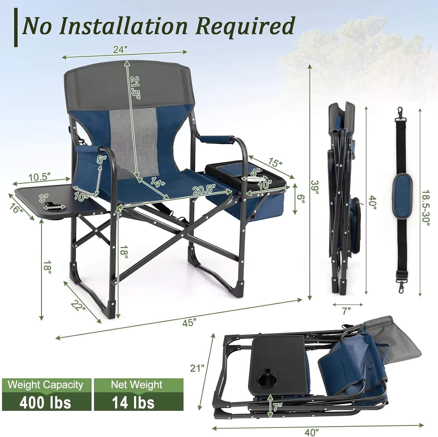 Giantex Camping Chair, Folding Directors Chair with Side Table, Storage Pocket, Cooler Bag, Shoulder Strap, Handle, Artist Chair, Makeup Chair, Support 400 Lbs Lawn Chair for Fishing Picnic, Blue