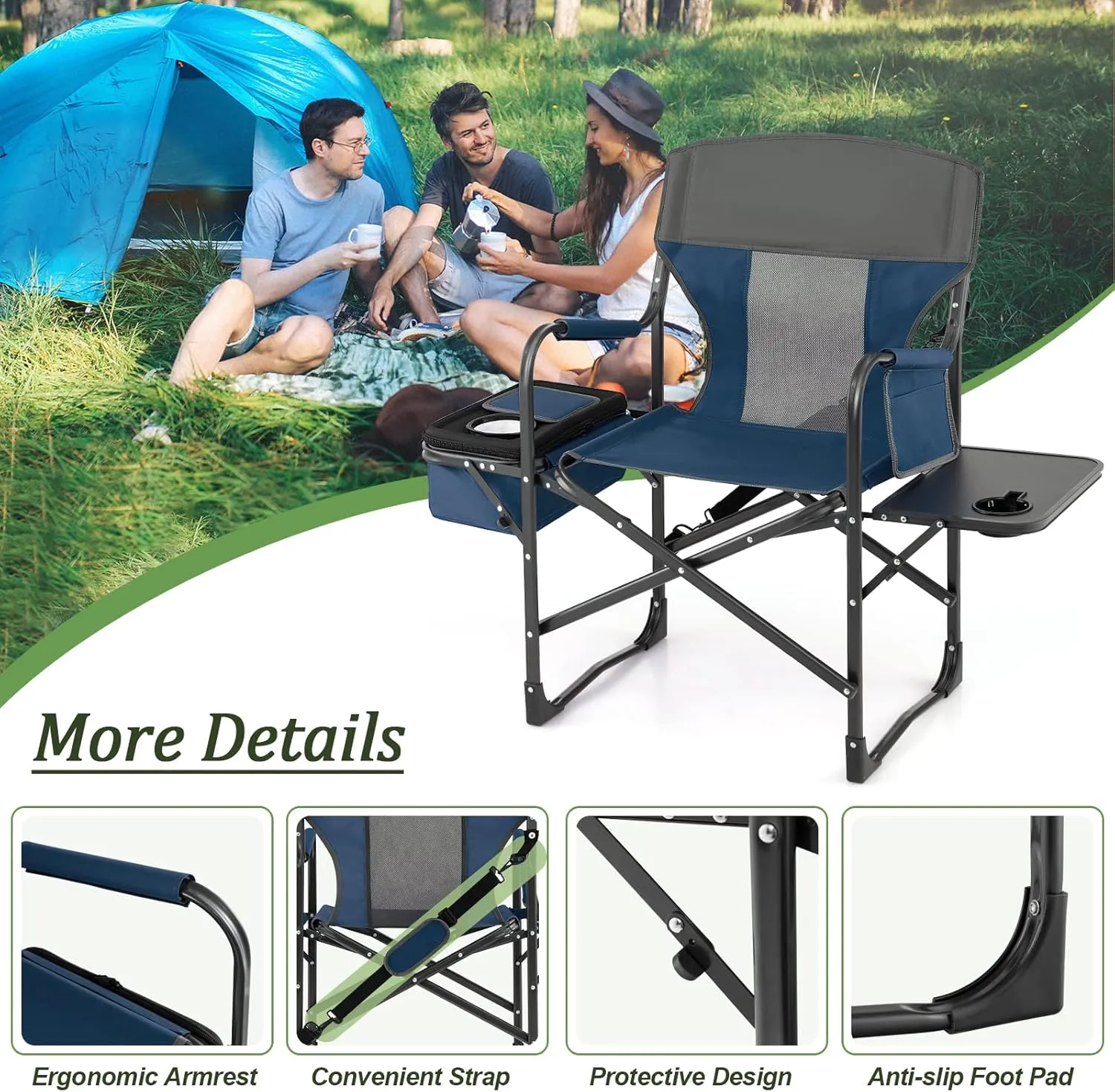 Giantex Camping Chair, Folding Directors Chair with Side Table, Storage Pocket, Cooler Bag, Shoulder Strap, Handle, Artist Chair, Makeup Chair, Support 400 Lbs Lawn Chair for Fishing Picnic, Blue