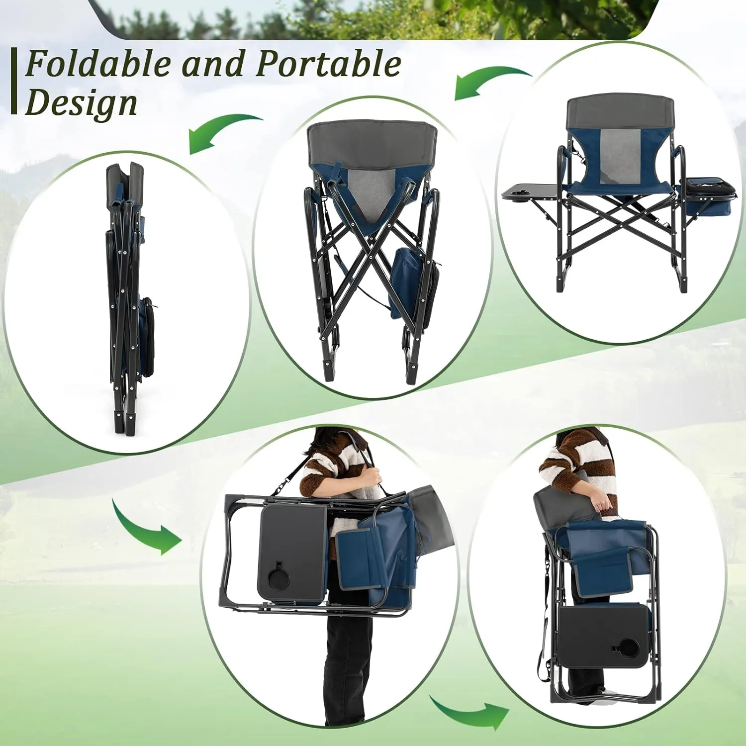 Giantex Camping Chair, Folding Directors Chair with Side Table, Storage Pocket, Cooler Bag, Shoulder Strap, Handle, Artist Chair, Makeup Chair, Support 400 Lbs Lawn Chair for Fishing Picnic, Blue