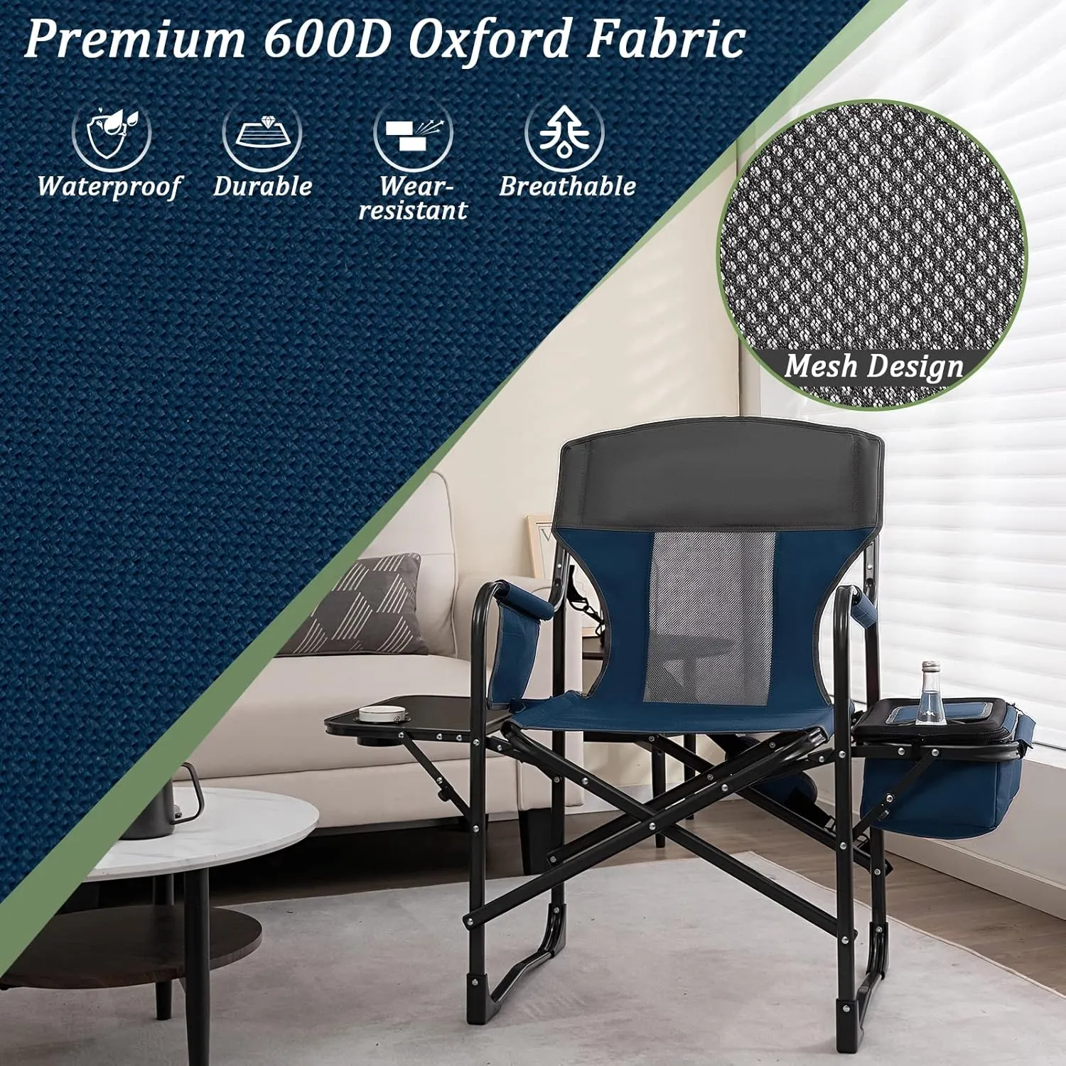 Giantex Camping Chair, Folding Directors Chair with Side Table, Storage Pocket, Cooler Bag, Shoulder Strap, Handle, Artist Chair, Makeup Chair, Support 400 Lbs Lawn Chair for Fishing Picnic, Blue