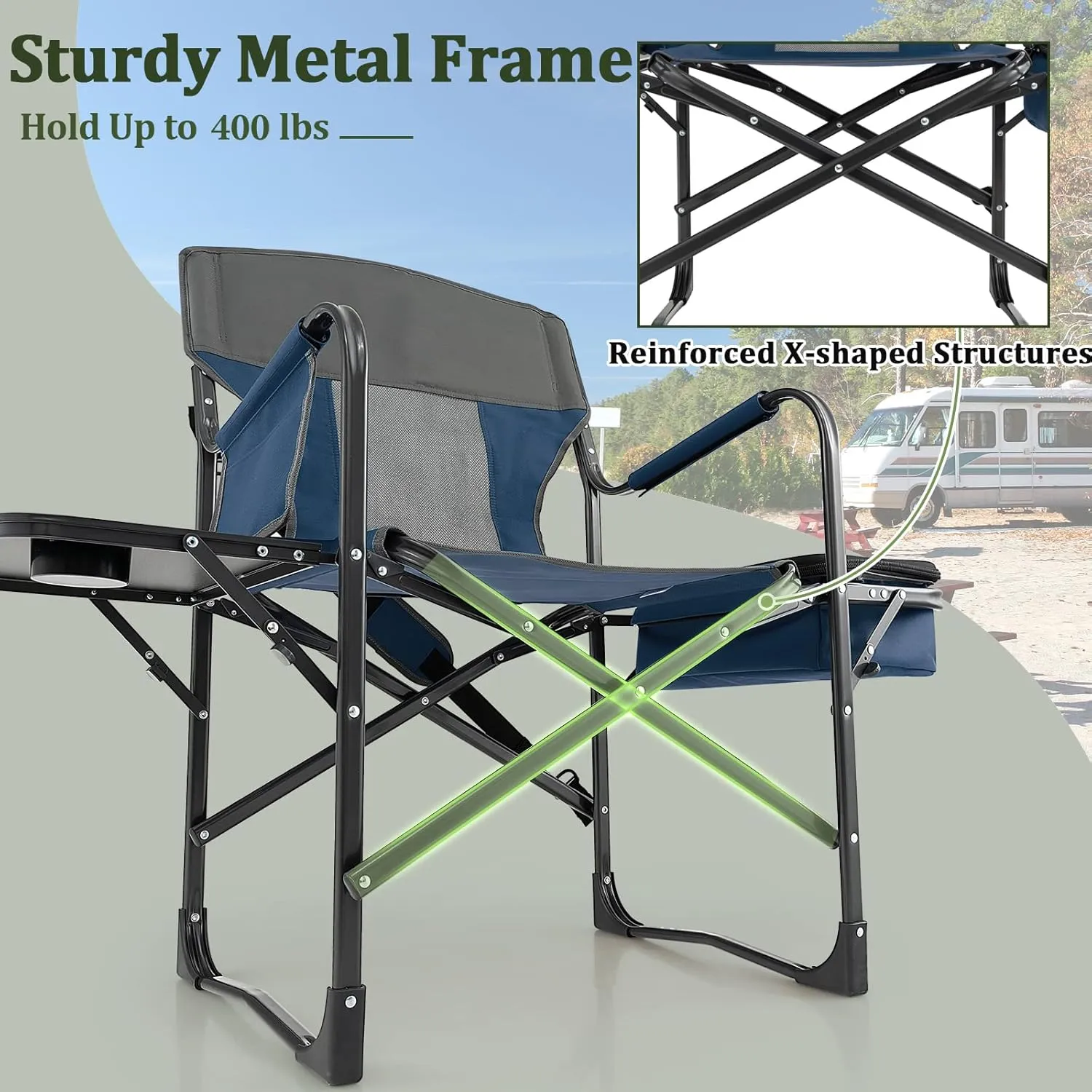 Giantex Camping Chair, Folding Directors Chair with Side Table, Storage Pocket, Cooler Bag, Shoulder Strap, Handle, Artist Chair, Makeup Chair, Support 400 Lbs Lawn Chair for Fishing Picnic, Blue