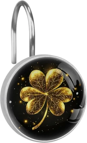 Golden Leaf Clover (3) Round Crystal Glass Decorative Shower Curtain Hooks with 3D Pattern Visual, Rust Proof Shower Curtain Rings-12 Pack