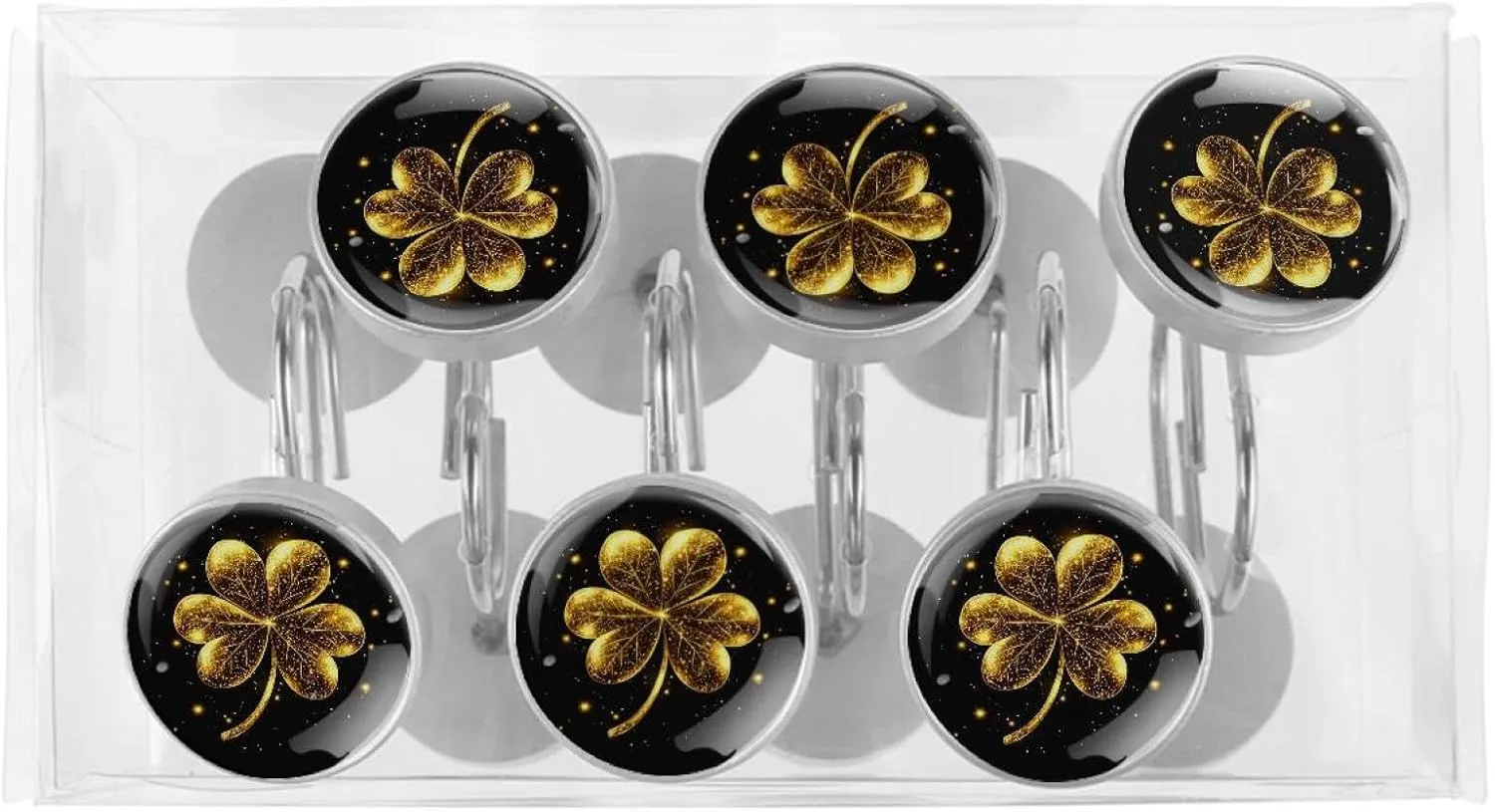 Golden Leaf Clover (3) Round Crystal Glass Decorative Shower Curtain Hooks with 3D Pattern Visual, Rust Proof Shower Curtain Rings-12 Pack
