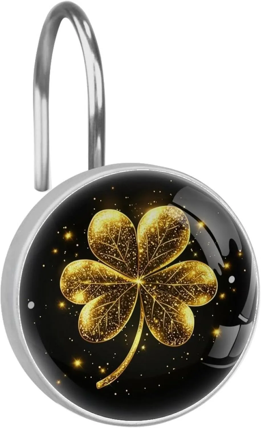 Golden Leaf Clover (3) Round Crystal Glass Decorative Shower Curtain Hooks with 3D Pattern Visual, Rust Proof Shower Curtain Rings-12 Pack