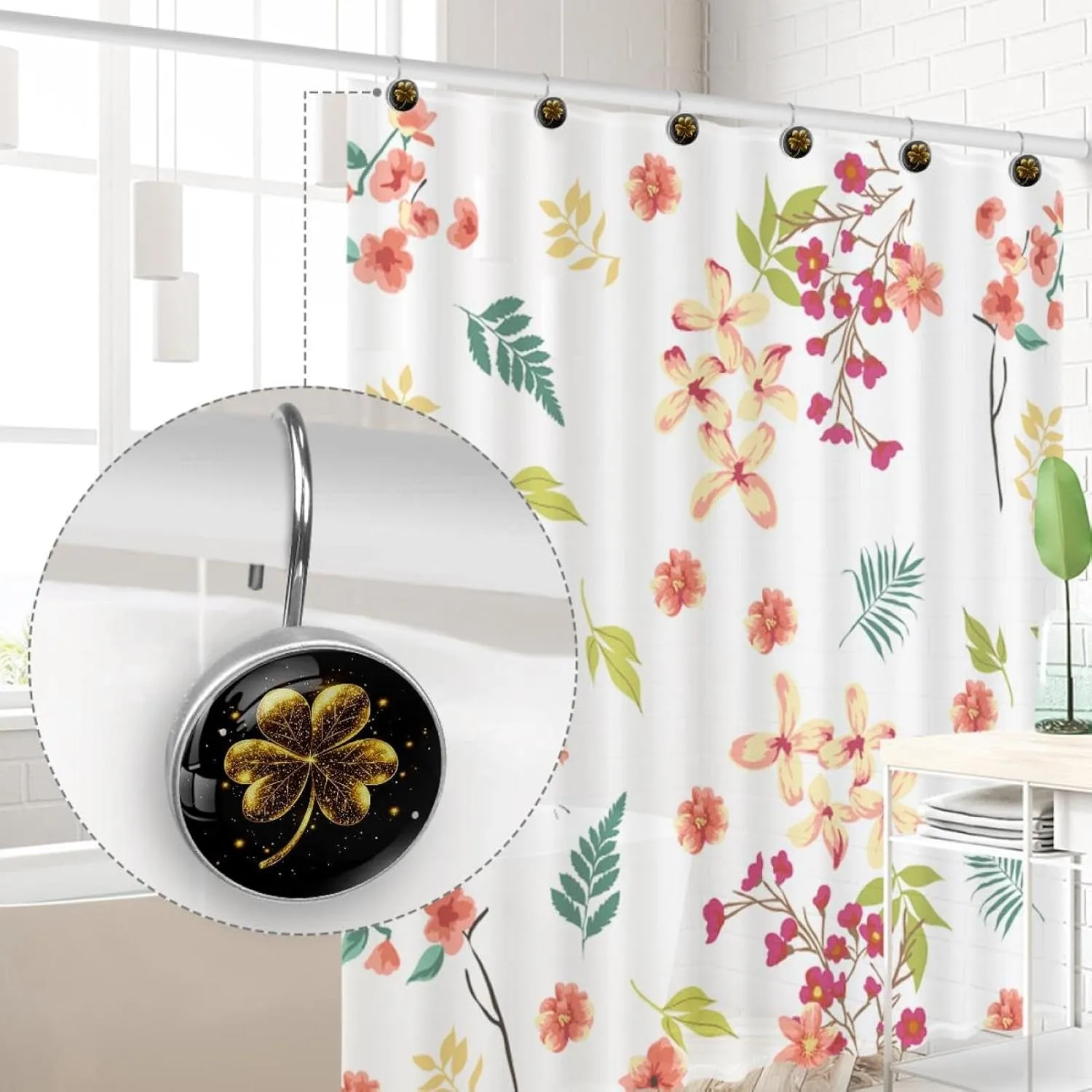 Golden Leaf Clover (3) Round Crystal Glass Decorative Shower Curtain Hooks with 3D Pattern Visual, Rust Proof Shower Curtain Rings-12 Pack