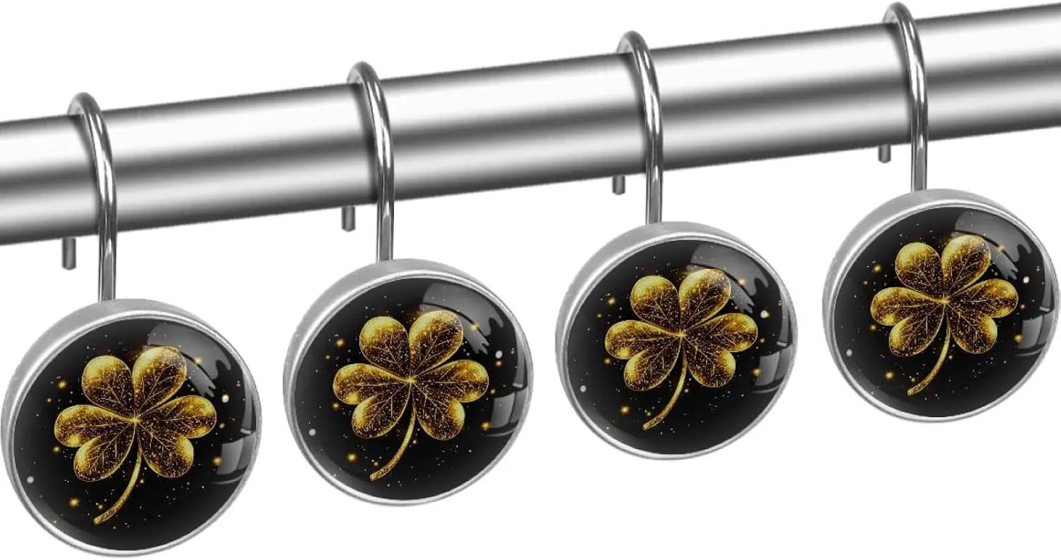 Golden Leaf Clover (3) Round Crystal Glass Decorative Shower Curtain Hooks with 3D Pattern Visual, Rust Proof Shower Curtain Rings-12 Pack
