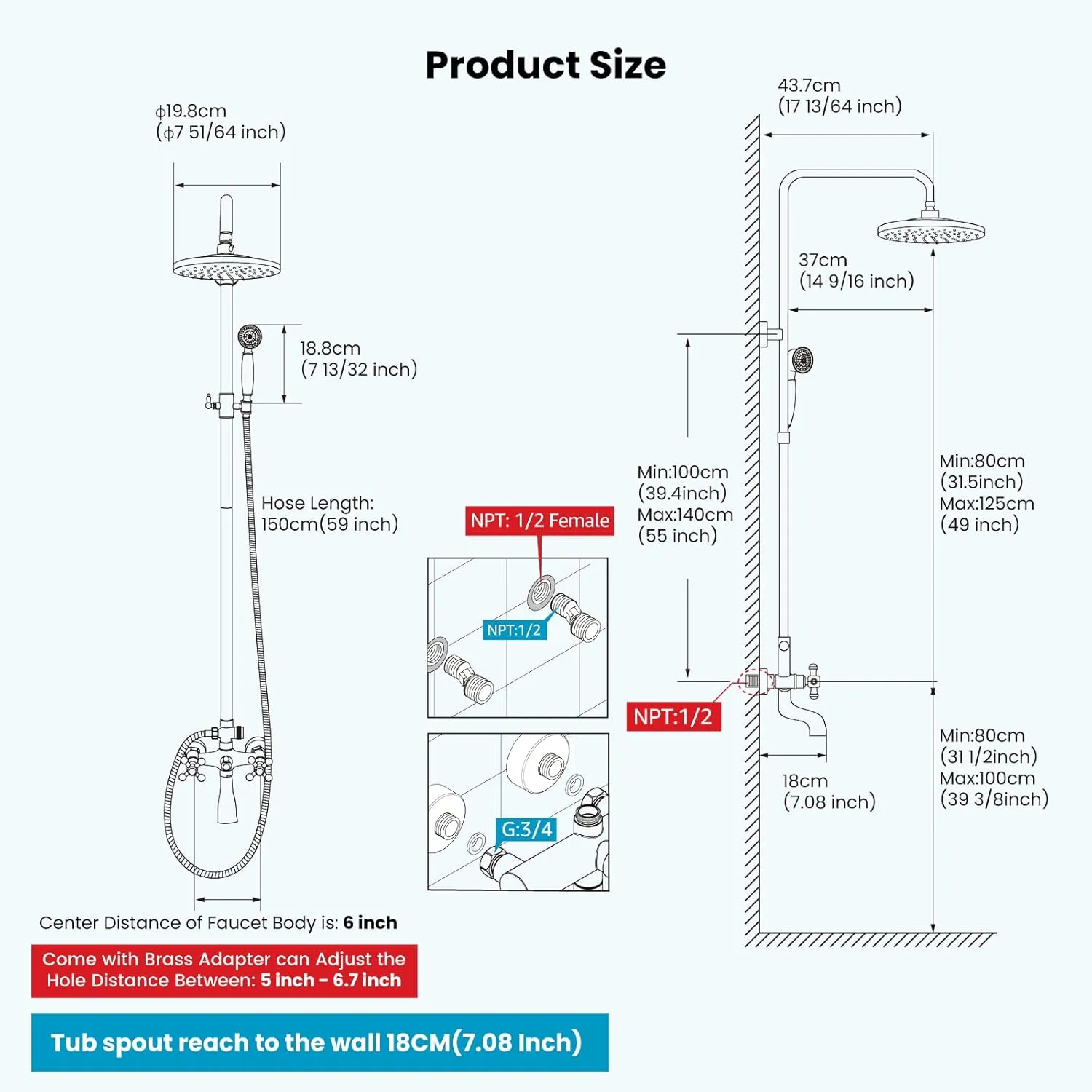 gotonovo Exposed Bathroom Shower Faucet Wall Mounted Outdoor Shower System 8 Inch Shower Head and Tub Spout Double Cross Handles Adjustable Handheld Sprayer without Shower Shelf Antique Brass
