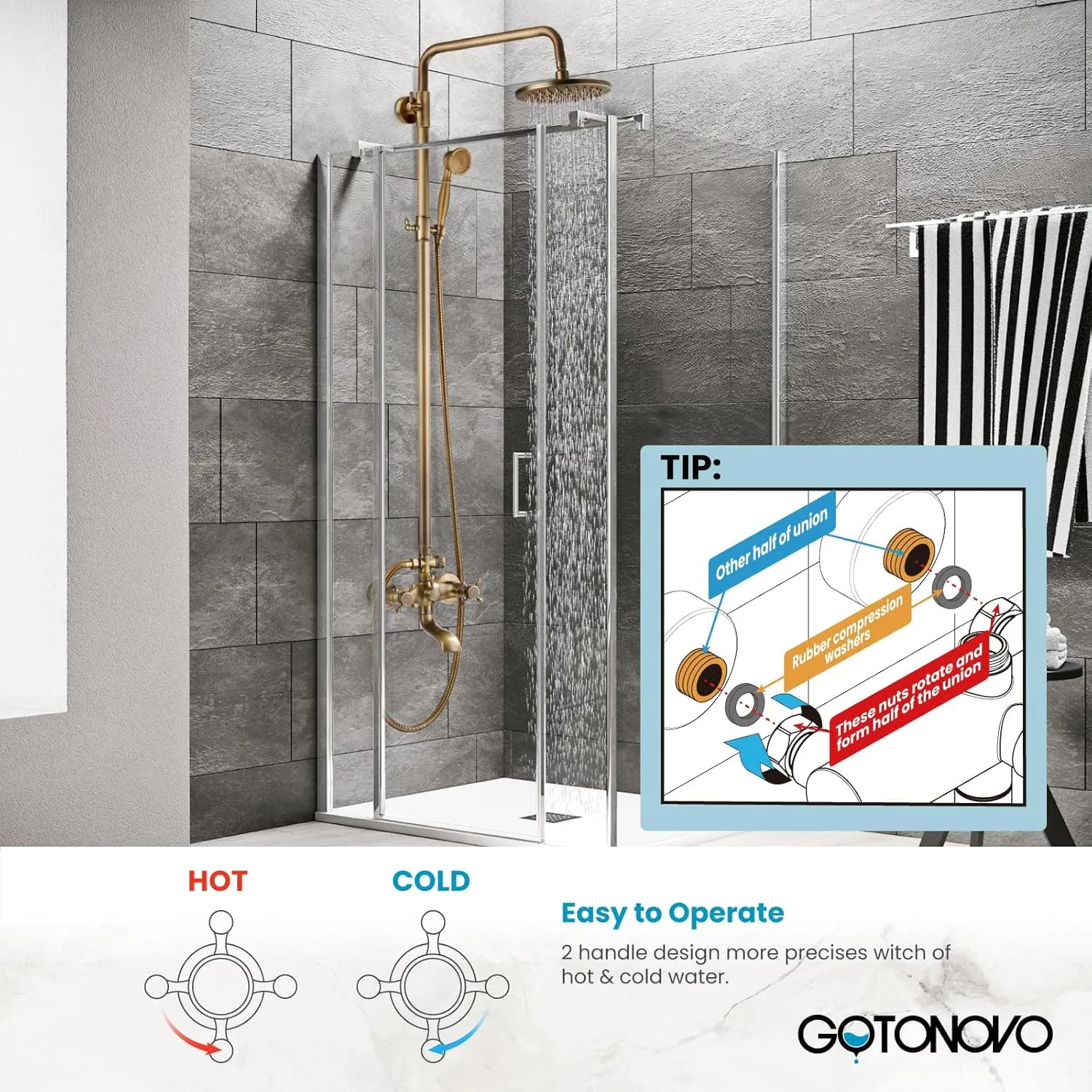 gotonovo Exposed Bathroom Shower Faucet Wall Mounted Outdoor Shower System 8 Inch Shower Head and Tub Spout Double Cross Handles Adjustable Handheld Sprayer without Shower Shelf Antique Brass