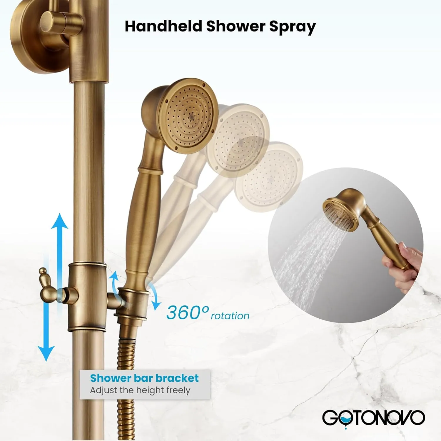 gotonovo Exposed Bathroom Shower Faucet Wall Mounted Outdoor Shower System 8 Inch Shower Head and Tub Spout Double Cross Handles Adjustable Handheld Sprayer without Shower Shelf Antique Brass